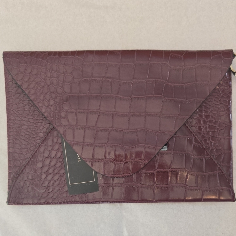 NWT BCBG Paris Burgundy Crocodile-Pattern Clutch